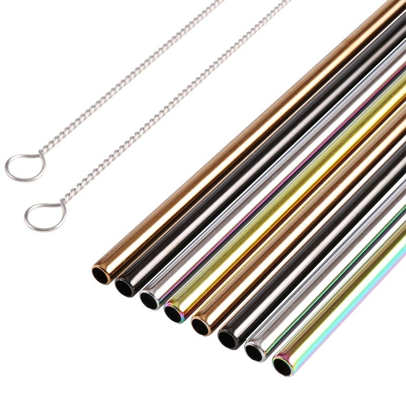 H&S Reusable Metal Straws for Drinking - 8pcs - Multi Colored Stainless Steel Straw Set - With Cleaner Brush & Pouch - Image 3